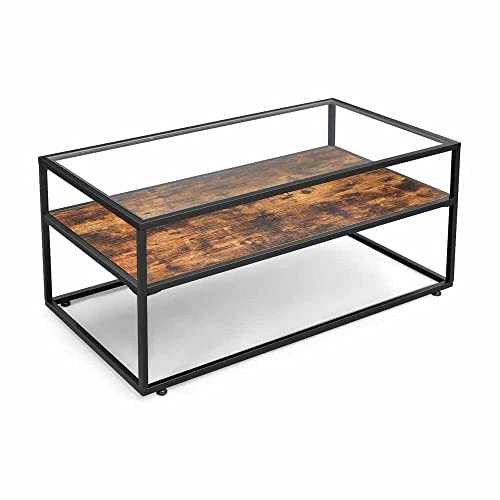 VASAGLE Coffee Table, Cocktail Table with Tempered Glass Top, Stable Steel Frame, Living Room Decoration, Rustic Brown and Black LCT30BX