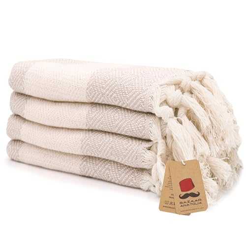 Turkish Hand Towel Set of 4 Diamond Peshtemal Towel 100% Cotton 38x18" Light Weight Thin Quick Dry Hand Hair Gym Face Bath Tea Kitchen Dishcloth Set Decorative Towels for Bathroom (Cream)