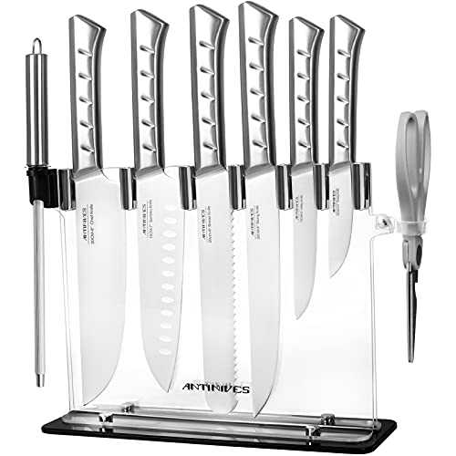 ANTINIVES 9 Pieces Kitchen Knives Set, Professional Chef Kitchen Knife Set, Stainless Steel Kitchen Knife Set with Knife Sharpener Scissors Acrylic Block