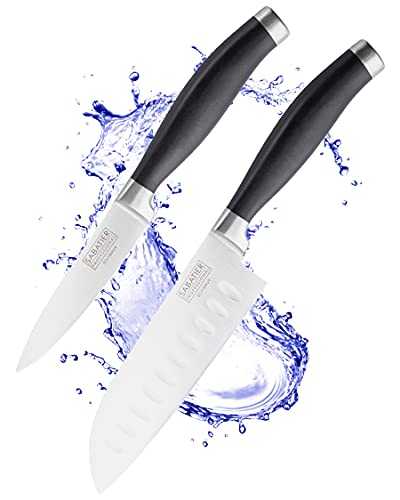 Sabatier Professional Kitchen Knife Set - 2pc, 5in/12cm Oriental Santoku & 3.5”/9cm Paring Knives. Taper Ground Stainless Steel Blade, Matt Black Rubberised Handle. Lifetime Performance 25yr Guarantee