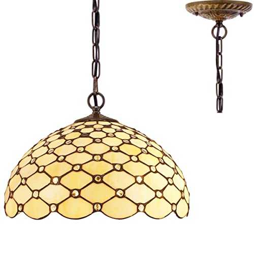Tiffany Hanging Lamp 16 Inch Pull Chain White Stained Glass Crystal Pear Bead Lampshade Anqitue Chandelier Ceiling Style Pendant 2 Light Fixture for Dinner Room Living Room S005 WERFACTORY