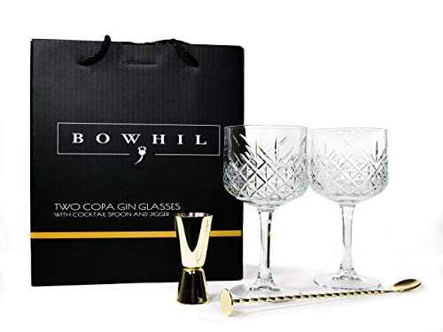 Bowhil Gin Glass Gift Set 2 G&T Glasses Box Set (500ml) | Gold Pro Stirrer & Double Sided Bar Quality Jigger | Hand Cut Large Cocktail Gift Box - Authentic Copa Glasses