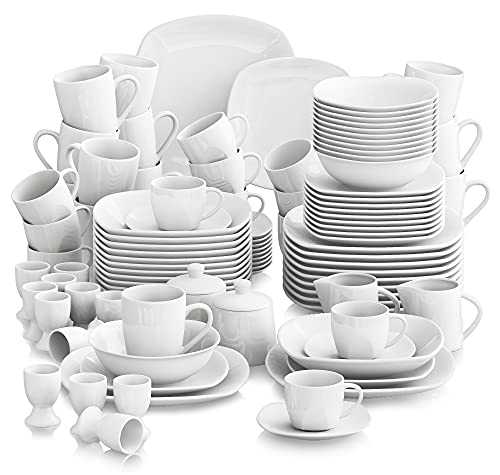 MALACASA, Series Elisa, 100-Piece White Porcelain Dinner Sets with 12 Piece Cups/Saucers/Mugs/Egg Cups/Cereal Bowls/Dessert Plates/Soup Plates/Flat Plates and 2 Sugar Pot & 2 Milk Jug
