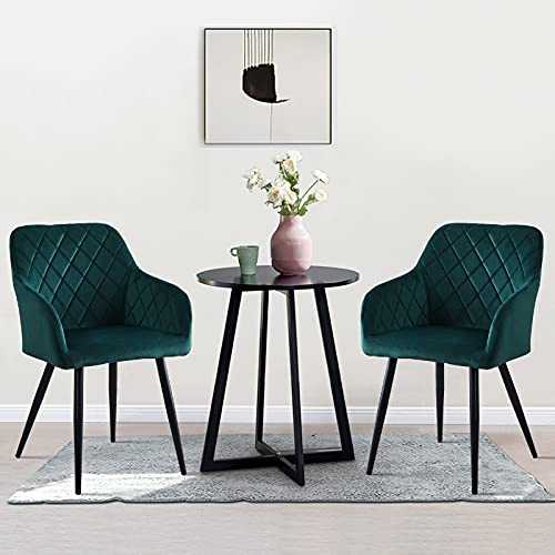 OFCASA Set of 2 Dining Chairs with Armrest Green Upholstered Velvet Accent Tub Chairs Retro Diamond Backrest Armchair for Restaurant Reception