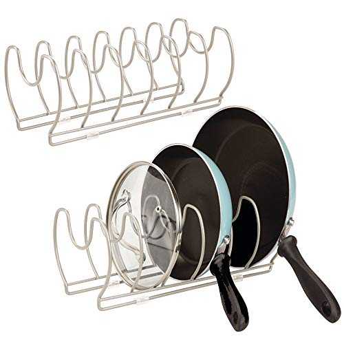 mDesign Set of 2 Pot Lid and Pan Racks – Metal Wire Rack for Cookware Storage – Freestanding Pan Stand for Pans, Pots, Lids and Crockery – Matte Silver