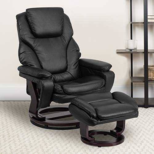 Flash Furniture Contemporary Black Leather Recliner and Ottoman with Swiveling Mahogany Wood Base