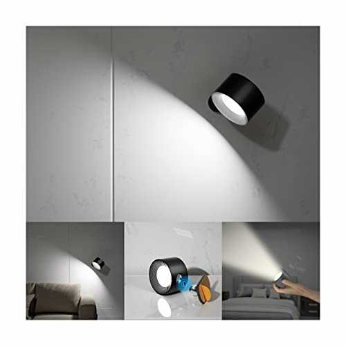 Feallive Wall Light LED Wall lamp Rechargeable Battery Wall Sconces Mordern Dimmable Touch Control Warm/White Brightness Modes Wall Spotlights Freely Rotatable Lights for Bedroom Cabinet (Black)
