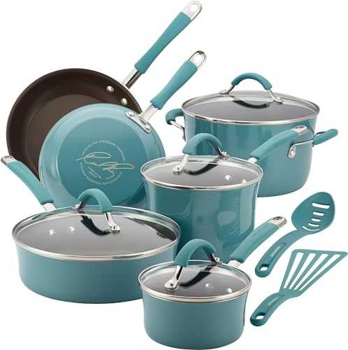 Rachael Ray 16344 Cucina Nonstick Cookware Pots and Pans Set, Aluminum, Agave Blue