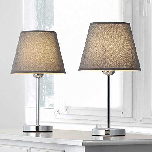 HAITRAL Modern Table Lamps - Grey Small Nightstand Lamps Set of 2, Bedside Desk Lamps for Bedroom, Office, College Dorm, Kids Room with Mini Metal Basic and Fabric Lamp Shade