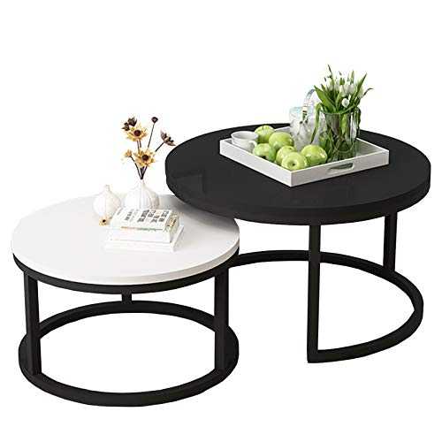 Set of 2, Modern Simple Round Nesting Coffee Table, White MDF Material Top, Black Metal Steel Frame, Ideal for Living Room, Balcony, Office