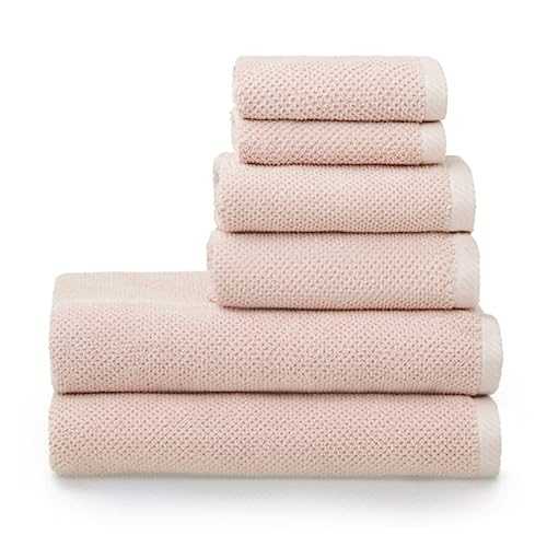 Welhome Franklin Premium 100% Cotton Towels | 6 Piece Set | 2 Bath - 2 Hand - 2 Face | Textured Finish | Highly Absorbent | Low Lint | Luxury Heavyweight | Sustainable Bathroom Towels | Blush Pink