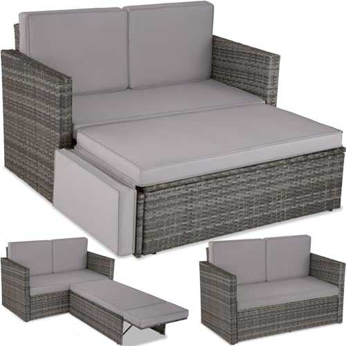tectake 800884 Rattan Lounge Sofa | 2-Seat Outdoor with Stool | Garden Furniture Set | Thick Cushions (Grey)