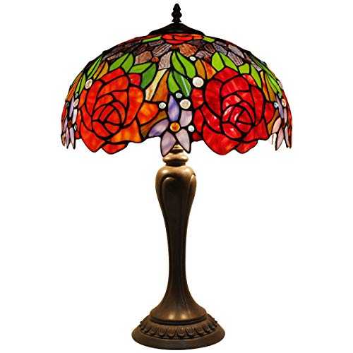 Tiffany Lamp Stained Glass Coffee Table Desk Beside Lamp 24 Inch Tall Crystal Bead Red Rose Shade 2 Light Antique Style Resin Base for Living Room Bedroom S001 WERFACTORY