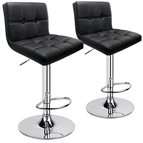 Leader Accessories Bar Stools (2/Set) Adjustable Bar Chairs Breakfast Dining Stools for Kitchen Island Counter PU Leather Double Stitching Square Back with decoration (Black)