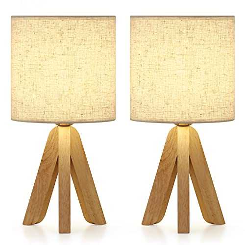 UOMIO Tripod Table Lamp Set of 2 for Bedroom with Wooden Base and Linen Fabric Shade Small Bedside Lamp for Living Room, Decor, Warm Atmosphere
