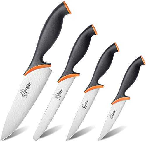 Kung Fu Carrot Kitchen Knife Set with High Quality Stainless Steel Consists Chef Knife, Utility Knife, Tomato Knife, Paring Knife (4 Piece Sharp Knife Set)