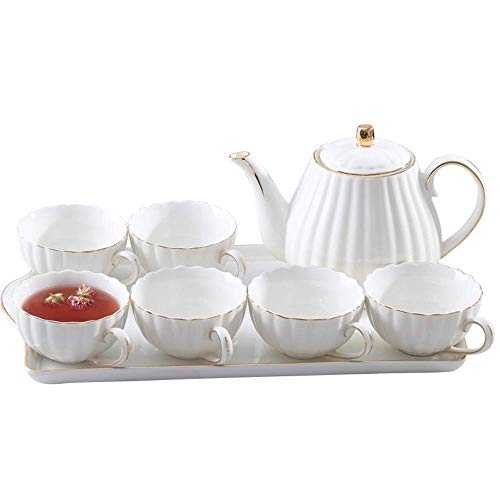 XYSQWZ 6 Pieces Simple White English Ceramic Tea Sets,Tea Pot,Bone China Cups with Wooden Holder Matching Spoons,Afternoon Tea Set Service Coffee Set