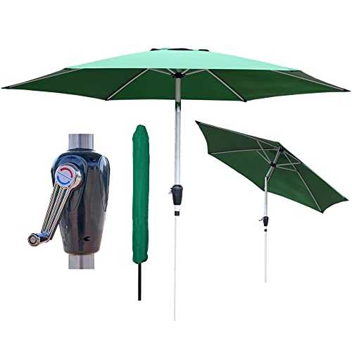 GlamHaus Garden Parasol Table Green Tilting Umbrella, UV 40+ Protection, Additional Parasol Protection Cover, Crank Handle 2.7m, Gardens and Patios (Green, Tilt)