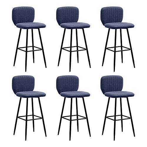 BonChoice Industrial Retro Blue Bar Stools with Backs Set of 6, Counter Height Barstools for Home Bar Breakfast Pub Counter, PU leather Barstool Dining Chairs Sturdy Metal Legs
