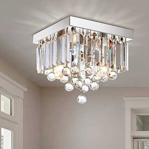 SILJOY Chandelier Square for Hallway Ceiling Lights with Crystal Flush Mount Light Fitting for Kitchen Island Modern Raindrop Lighting for Living Room Silver W10" x H9"