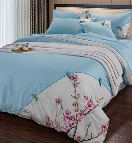 HJRBM 4pcs Egyptian Cotton Luxury Bedding Set Elegant Lotus Leaf Embroidery Bed Set Bed Linens Duvet Cover Bed Sheet,1,King (2 Queen)