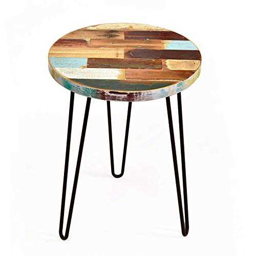 WELLAND Side Table Reclaimed Wood, Round Hairpin Leg End Table, Night Stand, Recycled Boat Wood, 20" Tall