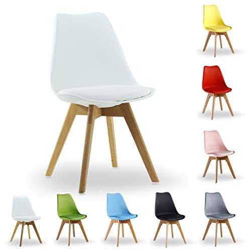 P&N Homewares® Lorenzo Tulip Chair - Plastic | Padded Seat | Wood Retro | Dining Chairs - White Black Grey Red Yellow Pink Green Blue (WHITE)