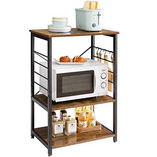 YMYNY Industrial Microwave Oven Shelf, Baker’s Rack with 6 S-Hooks, 3-Tier Storage Shelves for Kitchen Living Room, Kitchen Shelf for Spices, Pots, and Pans, Rustic Brown, HTMJ022H