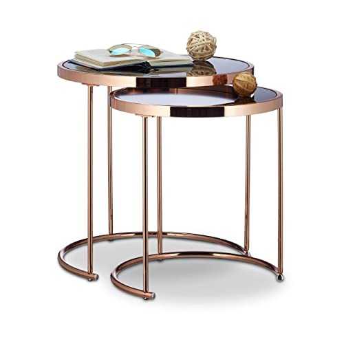 Relaxdays Nesting Tables Round, Chrome Frame, Set of 2, Modern Design - Frosted Glass, Side Table End Tables, Metal, Copper
