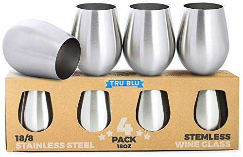 Stainless Steel Wine Glasses - Set of 4 Large & Elegant Stemless Goblets (500 ml) - Unbreakable, Shatterproof Metal Drinking Tumblers