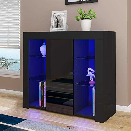 High Gloss Sideboard Cabinet Cupboard Storage Sideboard With 4 Glass Shelves Display Rack Cabinet Unit for Living Room Dining Room Glass Cabinets, With RGB LED Light (Black)