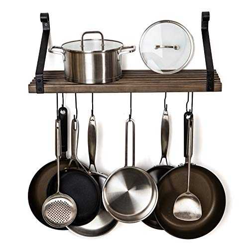 Soduku Pot Pan Rack with Solid Wood Shelf, Wall Mounted Multifunctional Kitchen Hanging Organizer with 8 Hooks for Pots Pans Lids Utensils Cookware Brown