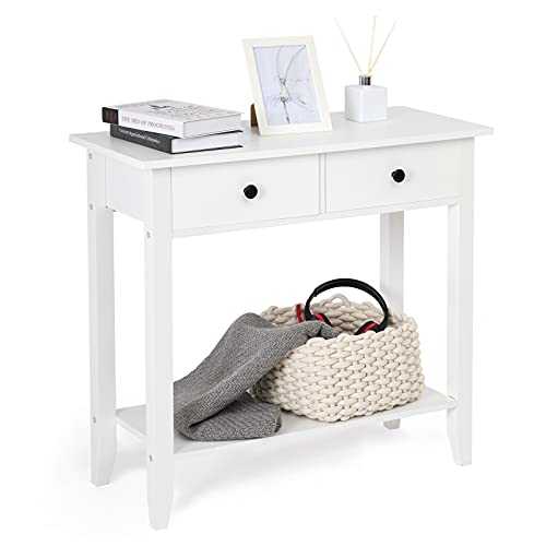 Meerveil Console Table, Hallway Table with 2 Drawers and Shelf Wooden Painted Surface Modern for Entryway Living Room, 80 x 34 x 74cm, White