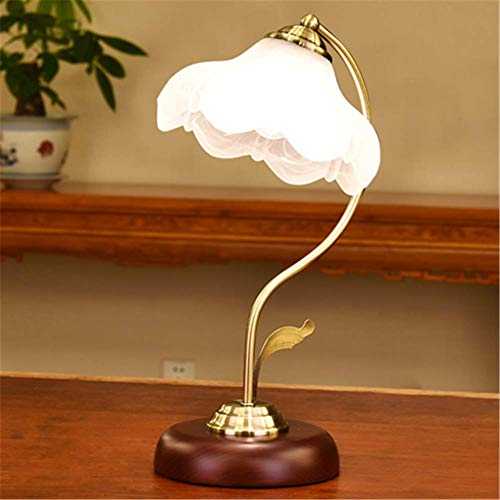 Desk Lamp Study Office Rustic Dimmable Lighting Bedroom Bedside Reading Lamp Solid Wood Base Antique Brass Chrome Lamp Pole White Glass Shade Flower Table Lamp E27 with Button Switch