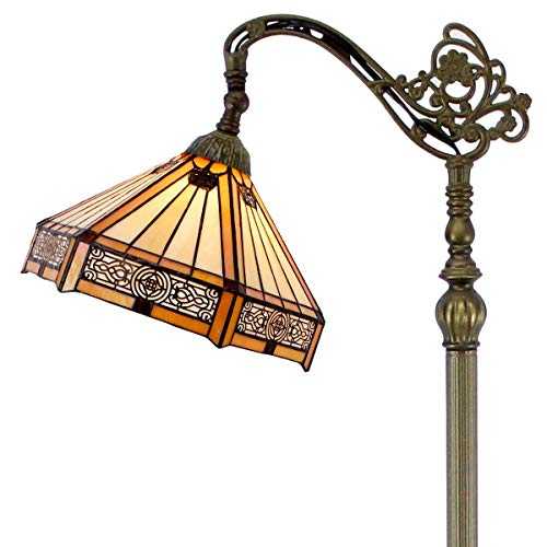 Tiffany Floor Lamp Mission Hexagon 64" Tall Industrial Pole Vintage Boho Stained Glass Standing Corner Bright Reading Light Arched Adjustable-Living Room Kids Bedroom Farmhouse Office WERFACTORY