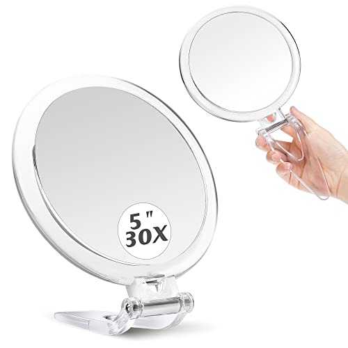 MIYADIVA Hand Mirror 30X Magnifying Mirror with Handle,Travel Handheld Mirror with Double-Sided 1X/30X Magnifying Makeup Mirror,5In Foldable Makeup Mirrors as a Gift for Your Loved One