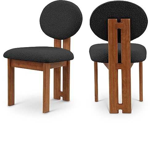 Meridian Furniture Napa Collection Mid-Century Modern Upholstered Dining Chair with Rich Boucle Fabric, Walnut Finish Solid Wood Frame, Contemporary Design, Set of 2, 17.5" W x 21" D x 32" H, Black