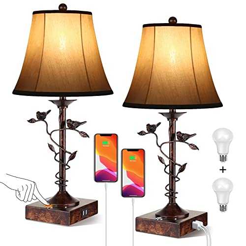 Set of Two Table Lamps for Living Room 3-Way Dimmable Bedside Lamp with USB Port and AC Outlet Small Touch Lamps Bedroom Lamps for Nightstand Lamp Desk Bed Lamps for Reading Office (Bulbs Included)