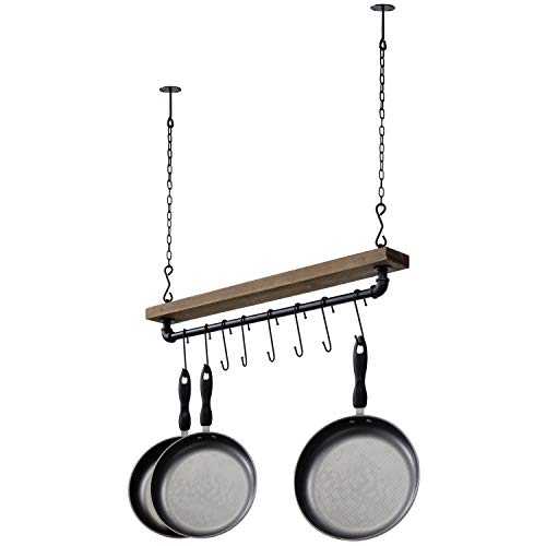 MyGift Hanging Pot Rack Ceiling Mount Industrial Pipe and Wood Adjustable Pots and Pans Organizer with 8 S-Hooks