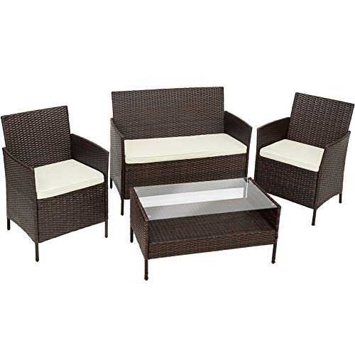 TecTake Rattan Garden Furniture Set | with Coffee Table, Sofa and 2 Chairs + Seat Cushions | for Balkon Terazze