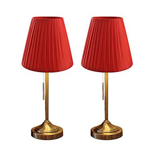 Bedside Lamps Table Lamp Set of 2 for Bedroom Living Room Office Bedside Antique Brass Finish Basic Table Lamp with Fabric Shade, Red Lamp for Bedroom