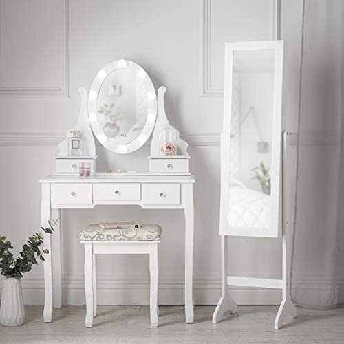 CARME White Dressing Table with Hollywood Mirror & Jewellery Cabinet with LED Mirror Makeup Storage