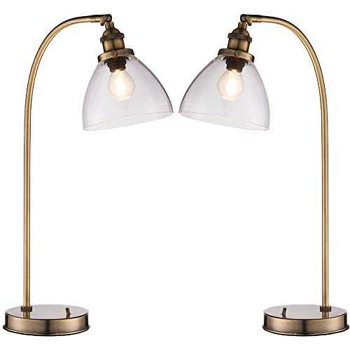 2 Pack | 40W E14 | 533mm Tall Curved Arm Table Lamp Light | Antique Brass & Clear Glass Shade | Modern Industrial Adjustable Head Bedroom Bedside Sideboard Office Desk Reading Feature Lighting | LED