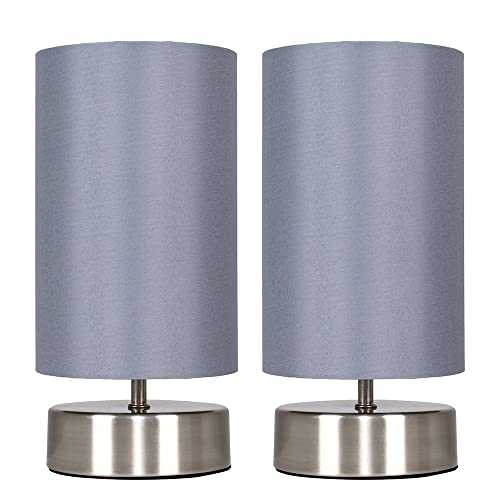 Pair of - Modern Brushed Chrome Touch Dimmer Bedside Table Lamps with Grey Cylinder Light Shades