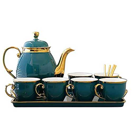 Tea Set European-Style Coffee Cup Set Ceramic Tea Set Complete Household Living Room Tea Kettle Afternoon Tea Cup Ceramic Tea Sets (Color : Green, Size : 1.5L)