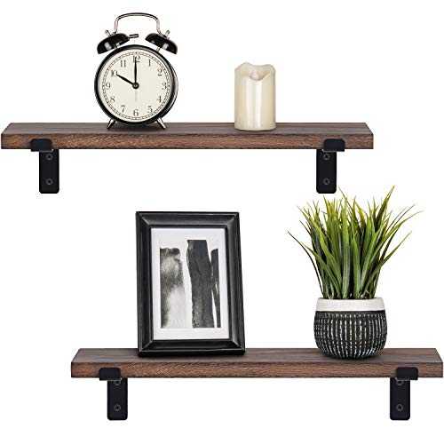 Mkono Wood Floating Shelves Rustic Modern Wall Mounted Storage Shelf with Lip Brackets for Bathroom Bedroom Living Room Kitchen Office Set of 2, Brown
