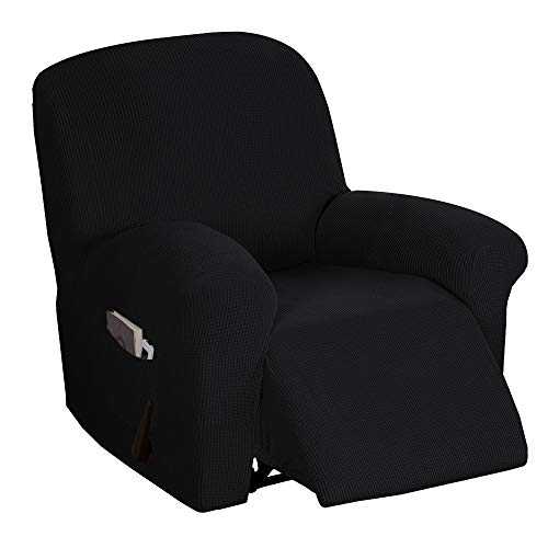 Stretch Recliner Cover Recliner Chair Covers for Living Room Recliner Chair Slipcover with Side Pocket, Thick Soft Small Checked Jacquard, Fitted Standard / Oversized Recliner, Black