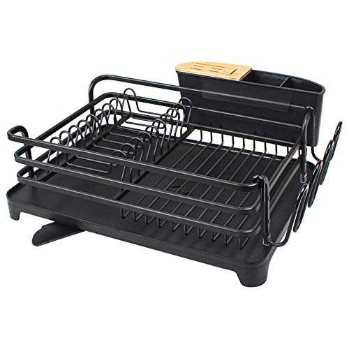 BRIAN & DANY Aluminum Dish Drainer, Dish Drying Rack with Removable Cutlery Holder & Cup Holder, Unique 360° Swivel Spout Drain Board, Black