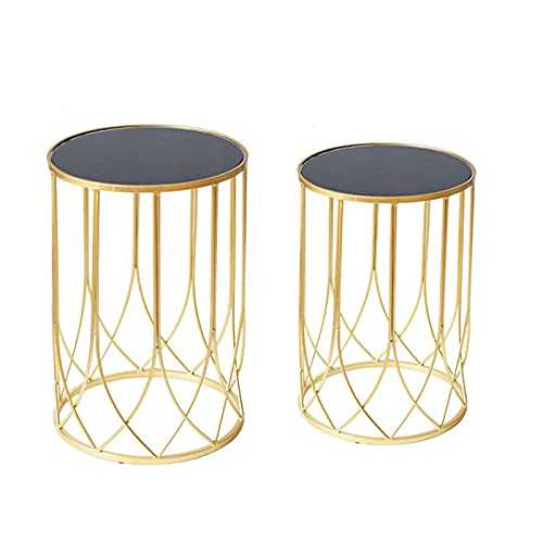 Combination Side Table Round，Tempered Glass End Table Living Room Coffee Table Display Flower Stand Scandi Style Accent Sofa Table Desk With Iron Frame(Size:49.5+55CM)