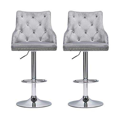 Vanimeu Velvet Bar Stool Chairs Set of 2,Breakfast Kitchen Counter Chairs with Chrome Steel Footstool and Backrest,Bar Chairs with Rotary Lifter for Counter, Kitchen Island and Home (Grey)